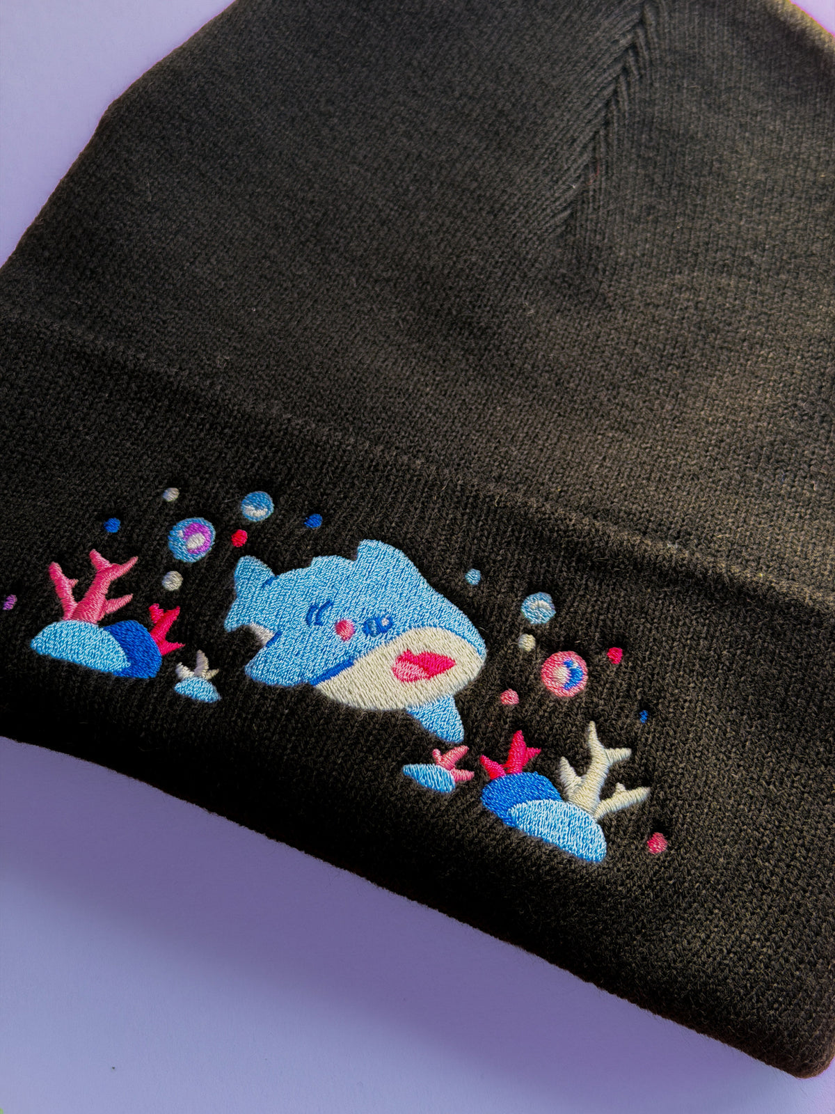 Happy Shark Winter Hat | Black Warm Beanie | Kawaii Aesthetic Birthday Gift for Her | Christmas Present for Him | Miamouz
