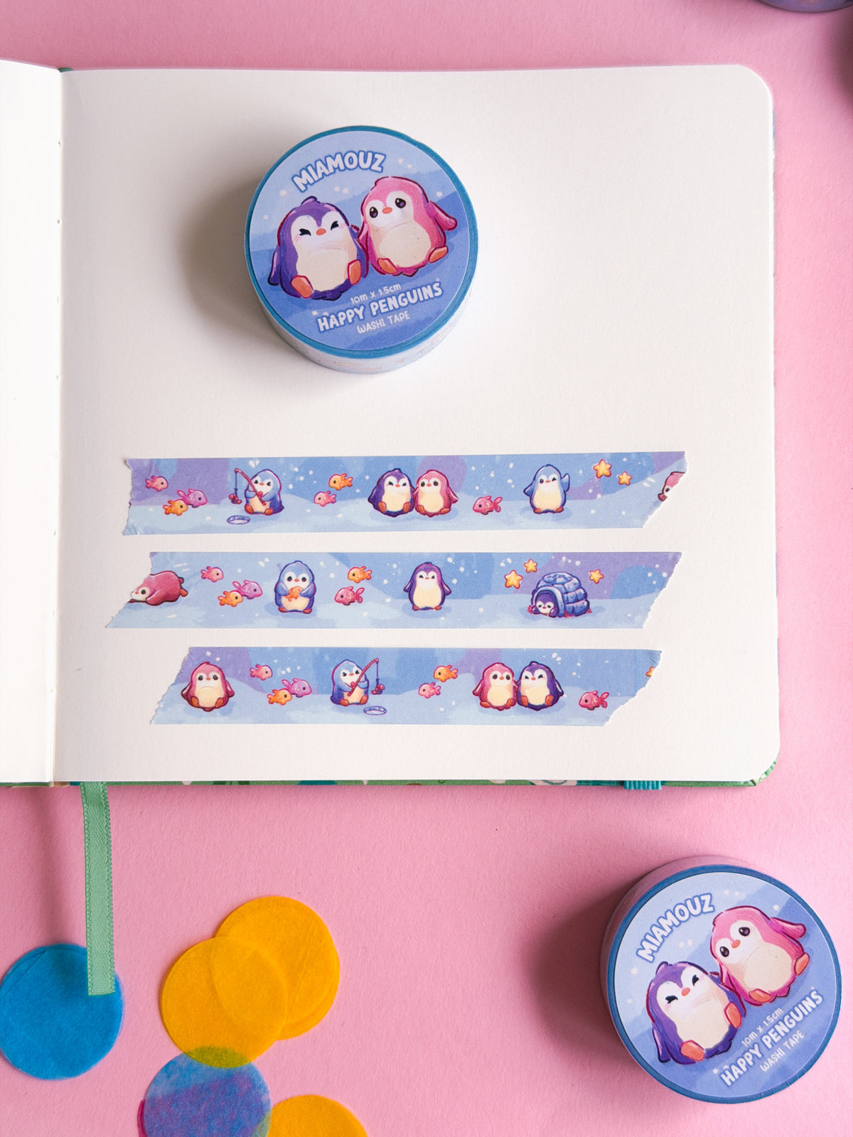 SAMPLE Happy Penguins Washi Tape | 10m x 15mm Roll | Artist Masking Tape | Decorative Planner Tape | Kawaii Calendar Journal Stationery