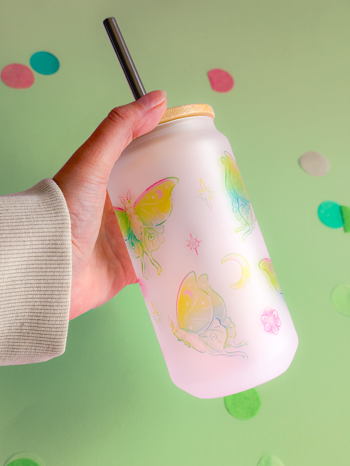 Luna Moth Handprinted Glass Tumbler | Insect Mug | 520ml | Matte Frosted
