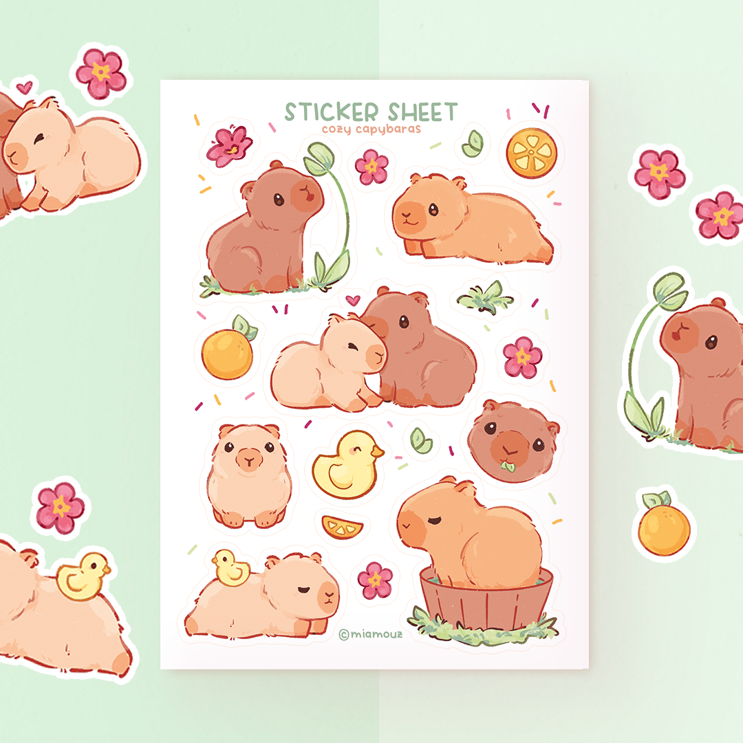 Cozy Capybaras | A6 Matte Sticker Sheet | Capybara Stickers | Capy Planner Stickers | Kawaii Guinea Pig Stickersheet | Vinyl Sticker Sheet