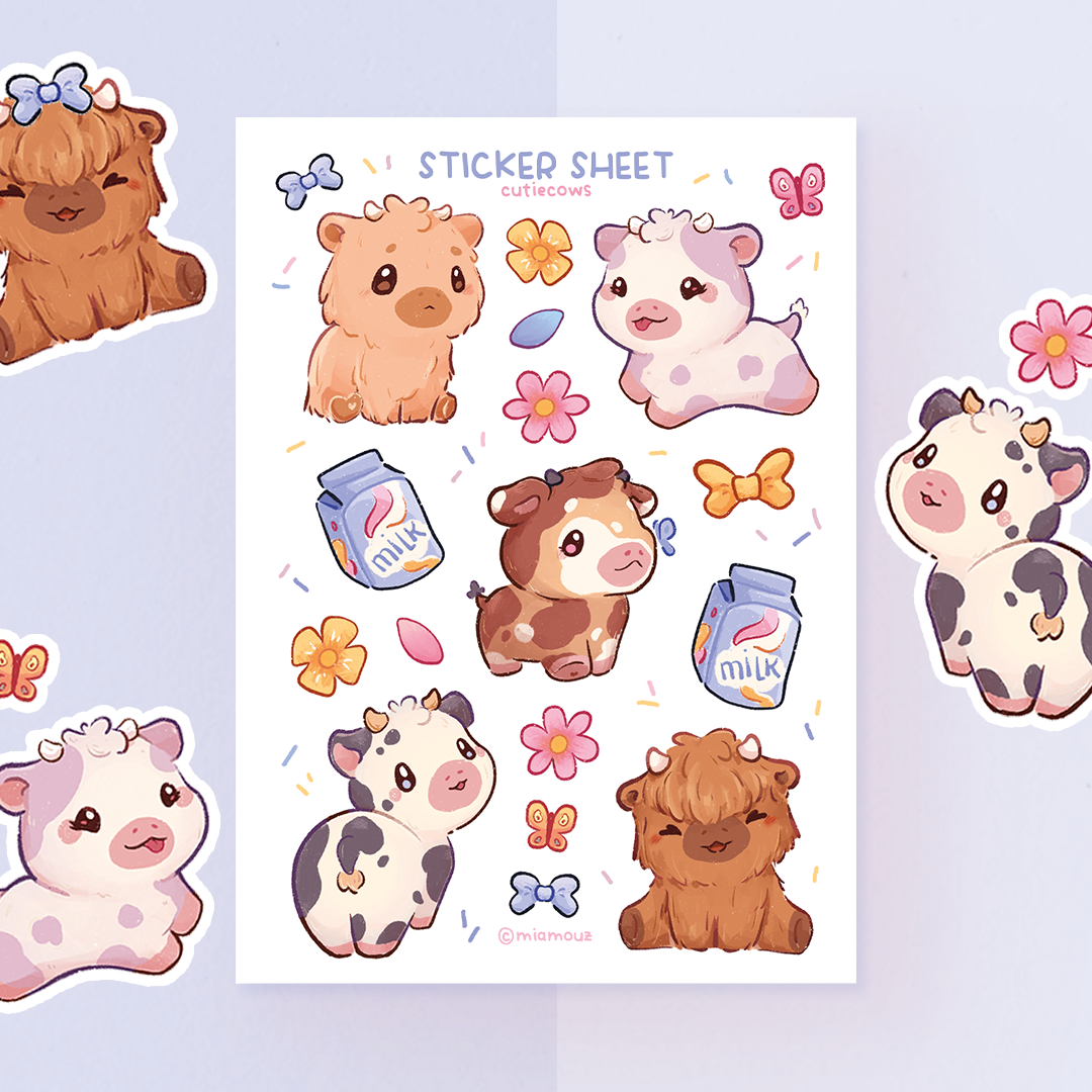 Süße Kühe | A6 Matte Sticker Sheet | Kuh Sticker | Bauernhof Sticker | Kawaii Highland Kuh & Rind Stickersheet | Vinyl Sticker Sheet