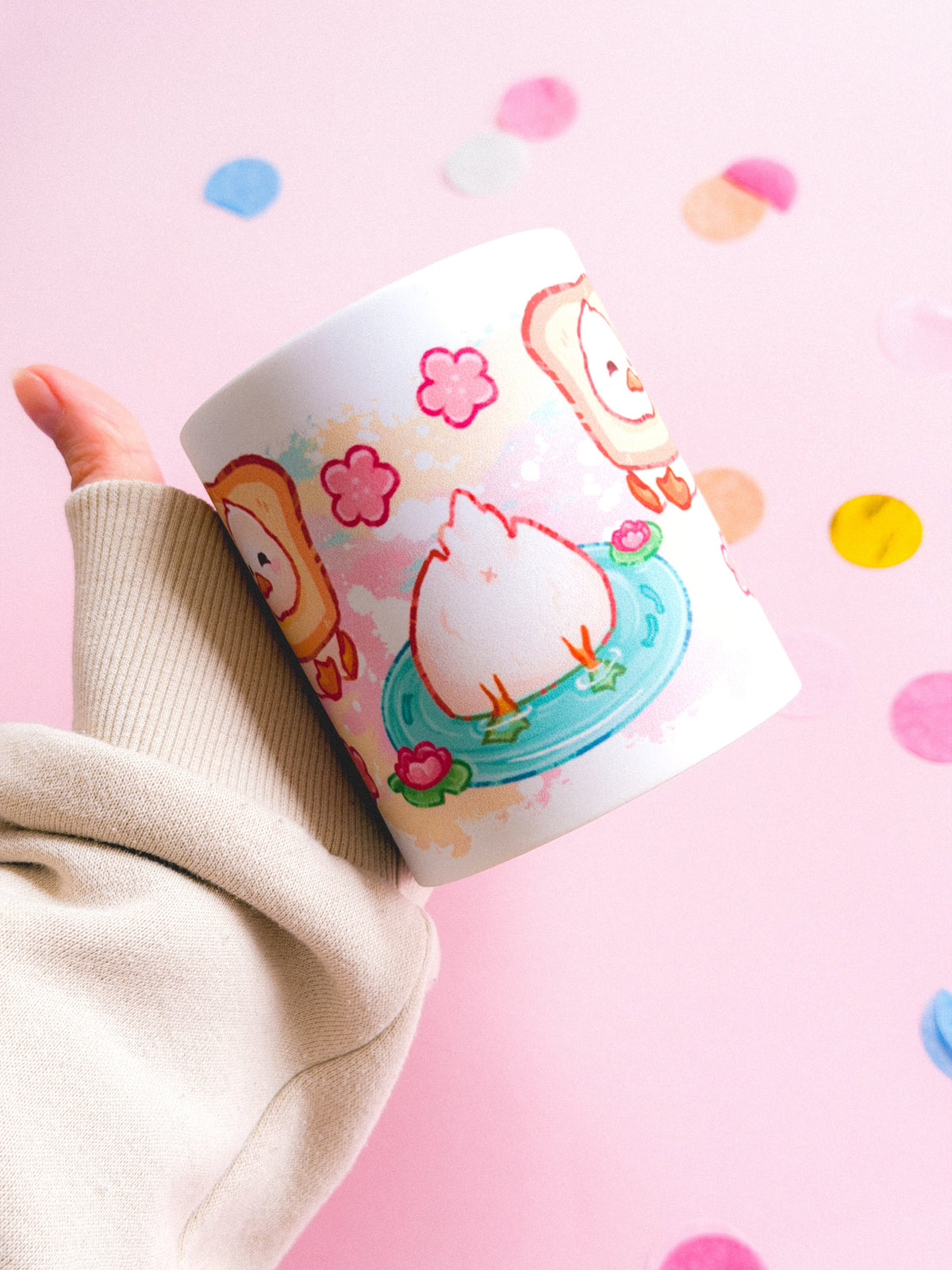 Ducks Handprinted Mug | Pink & Yellow Kawaii Duck Mugs | 330ml | Matte