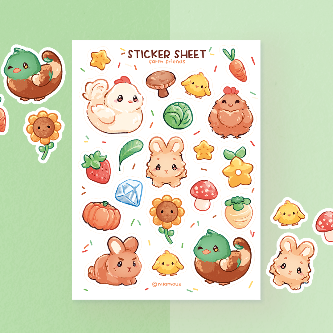 Farm Friends | A6 Matte Sticker Sheet | Duck Stickers | Chicken Planner Stickers | Bunny & Vegetables Stickersheet | Vinyl Sticker Sheet