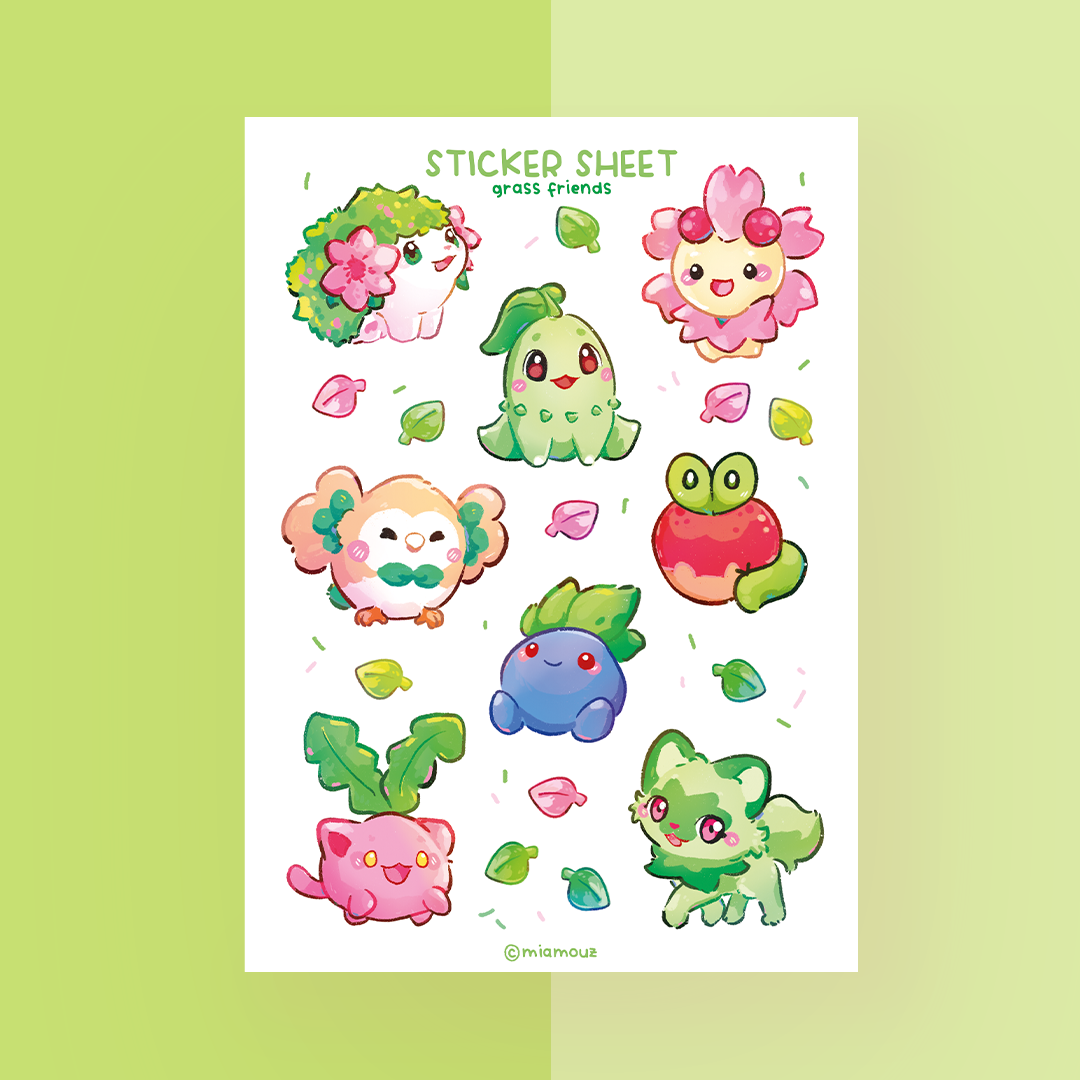 Grass Friends Sticker Sheet | A6 Glossy Sticker Sheet | Little Monsters Stickers | Inspired Art Planner Stickers | Plants Stickersheet | Vinyl Sticker Sheet