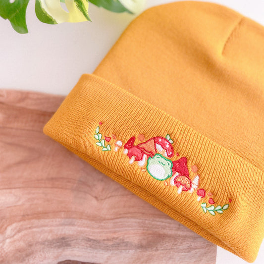 Embroidered Cozy Autumn Vibes Frog | Mustard Beanie | Kawaii Aesthetic Birthday Gift for Her | Christmas Present for Him | Miamouz