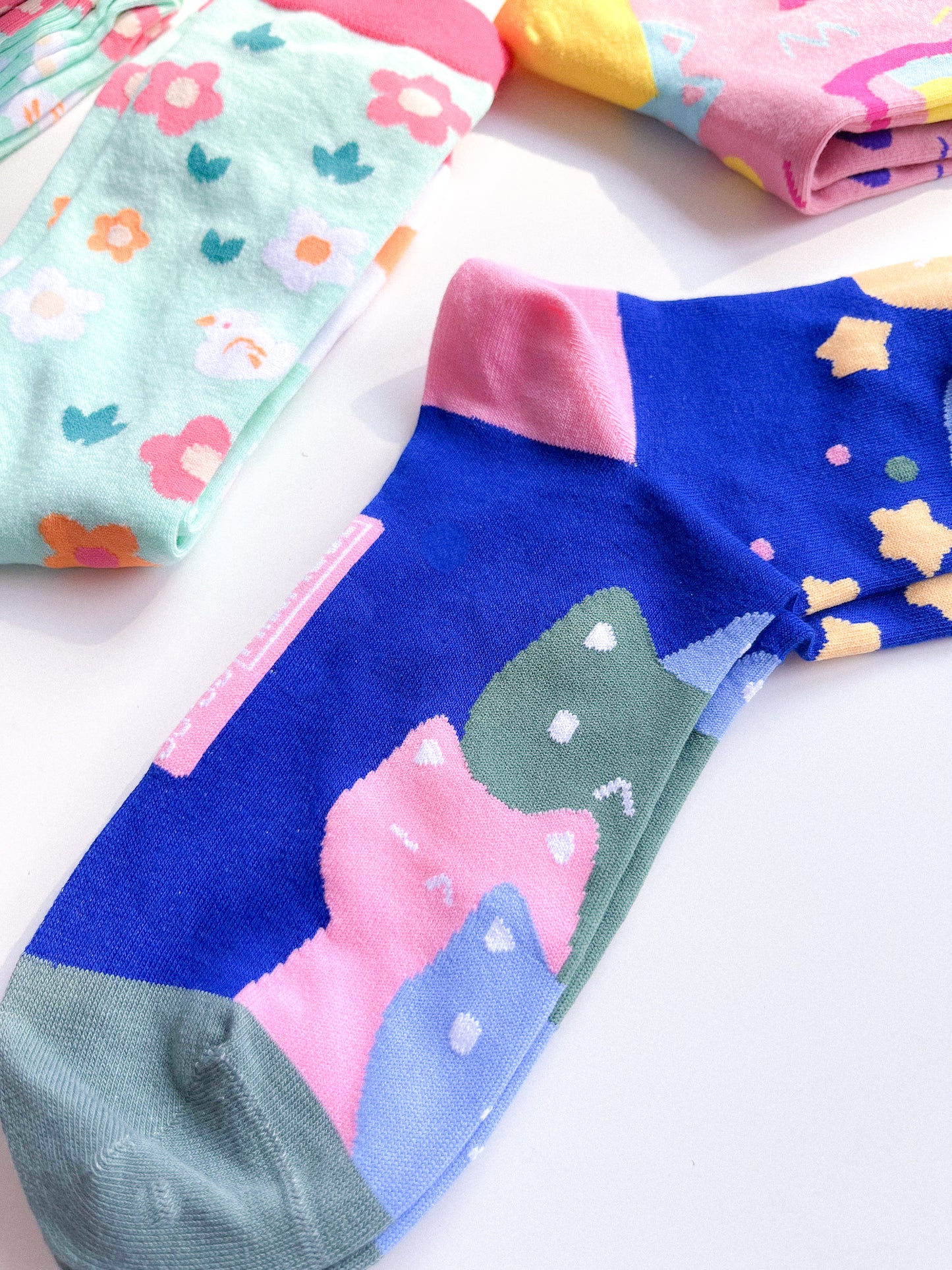 Cotton Candy Cats Socks | Pastel Colorful Cute Funny Sock | Handmade by Artist | Kawaii Birthday Gift for Her | Christmas Present for Him