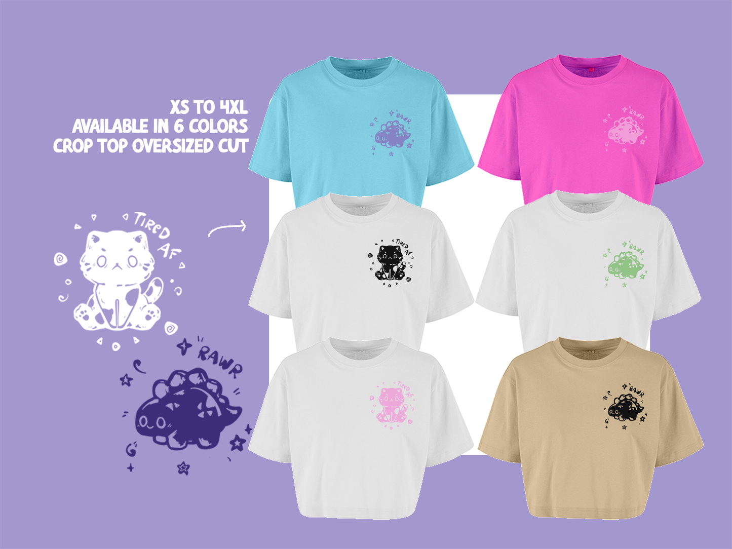 Last Pieces XS S M L XL 2XL Tired AF Cat & Rawr Dinosaur T-Shirt | Oversized Crop Top Cut | Handprinted Tshirt | Miamouz (Kopie)