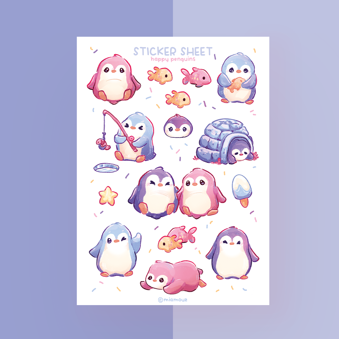 Happy Penguins | A6 Glossy Sticker Sheet | Pengu Stickers | Winter Planner Stickers | Stickersheet | Vinyl Sticker Sheet
