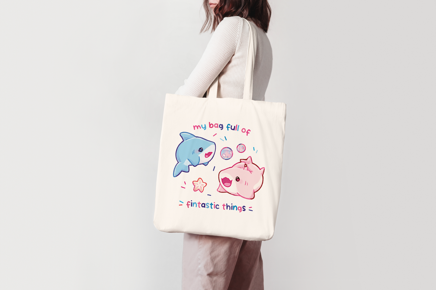 My Bag Full Of Fintastic Things | Cute Shark Tote Bag 100% Cotton | Shopping Bag | Jute Bag | Art Purse | Large Shopper | Sharks Lovers