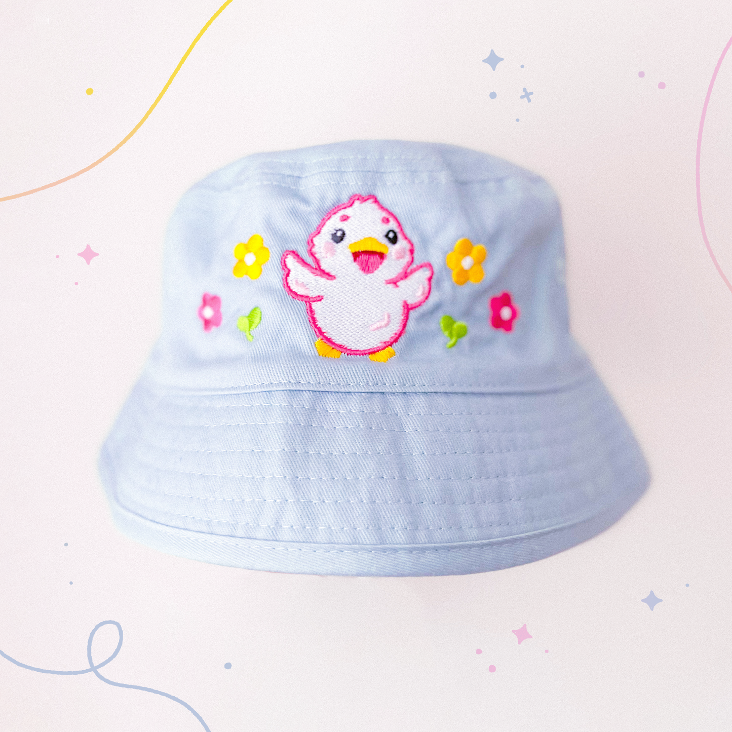 Bucket Hat mit Blumenente | Für kleine und große Kinder und Erwachsene | Pastellblaue Y2K-Mode | Kawaii-Ästhetisches Geburtstagsgeschenk | Süße Accessoires