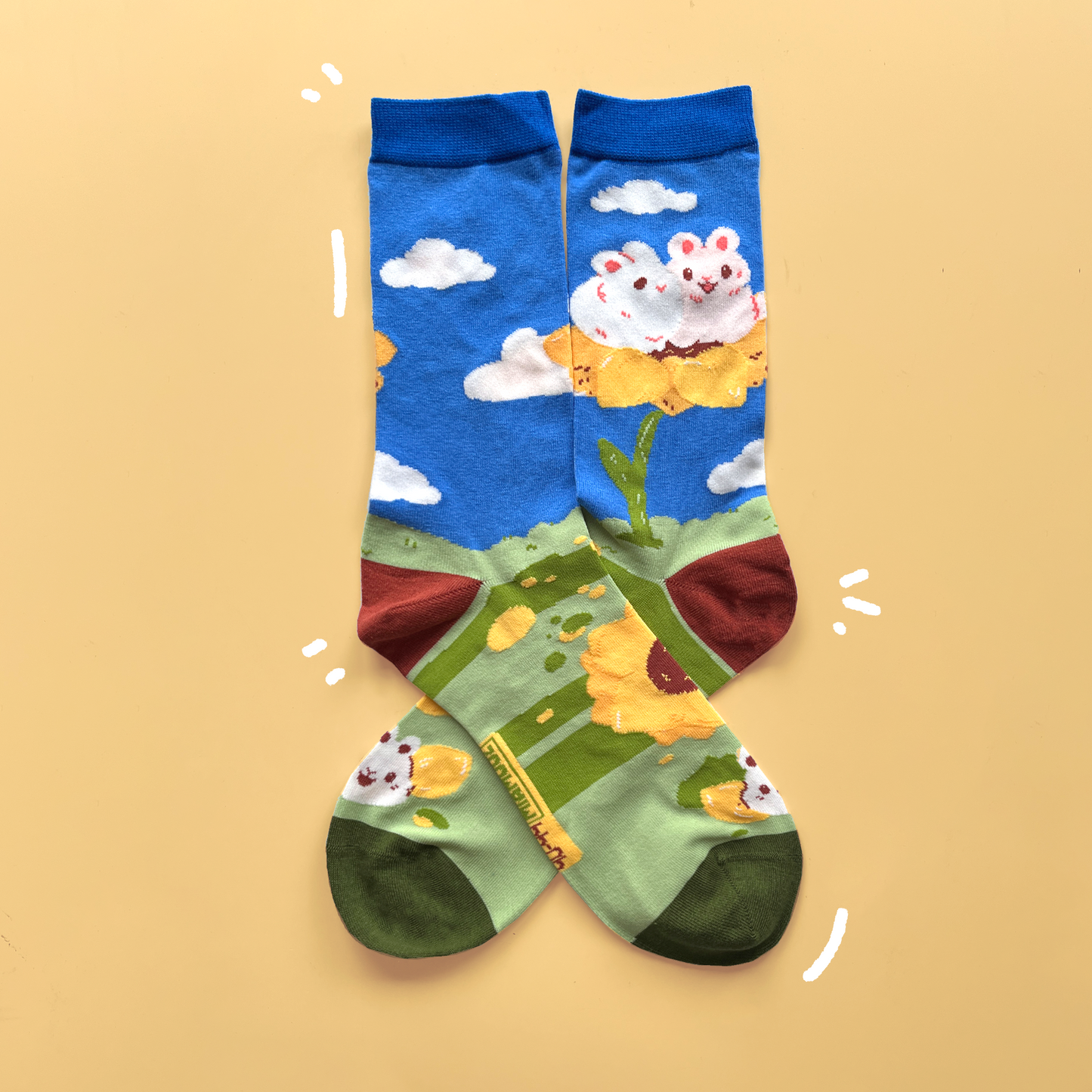 Bunte Häschen- und Sonnenblumensocken | Süße, lustige Socken | Handgefertigt vom Künstler | Kawaii-Geburtstagsgeschenk für sie | Weihnachtsgeschenk für ihn