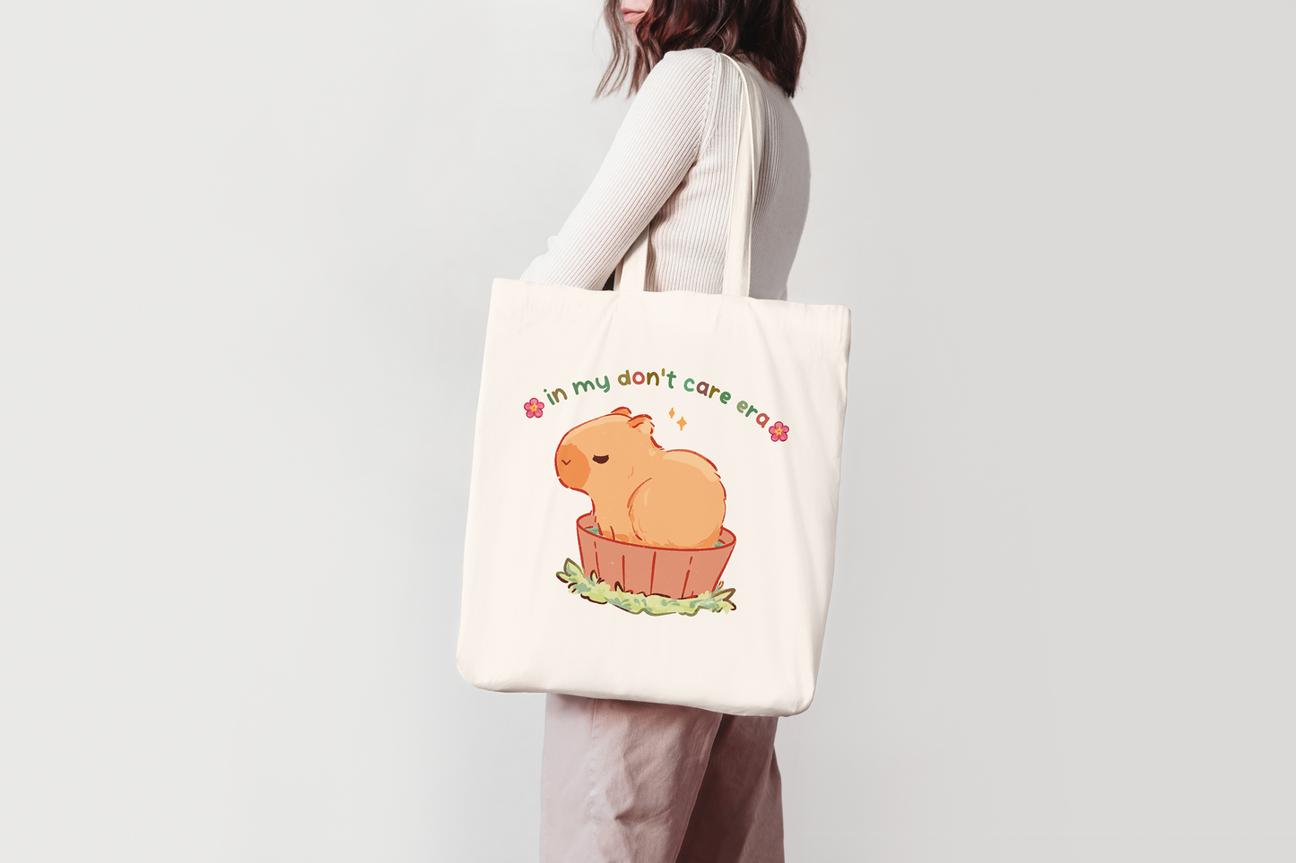 In my don't care era | Süße Capybara-Tragetasche 100 % Baumwolle | Einkaufstasche | Jutetasche | Kunstgeldbörse | Großer Shopper | Meerschweinchenliebhaber | Miamouz