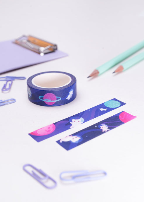 Cats In Space Washi Tape | 10m x 15mm Roll | Artist Masking Tape | Decorative Planner Tape | Kawaii Calendars Journal Stationery | Miamouz