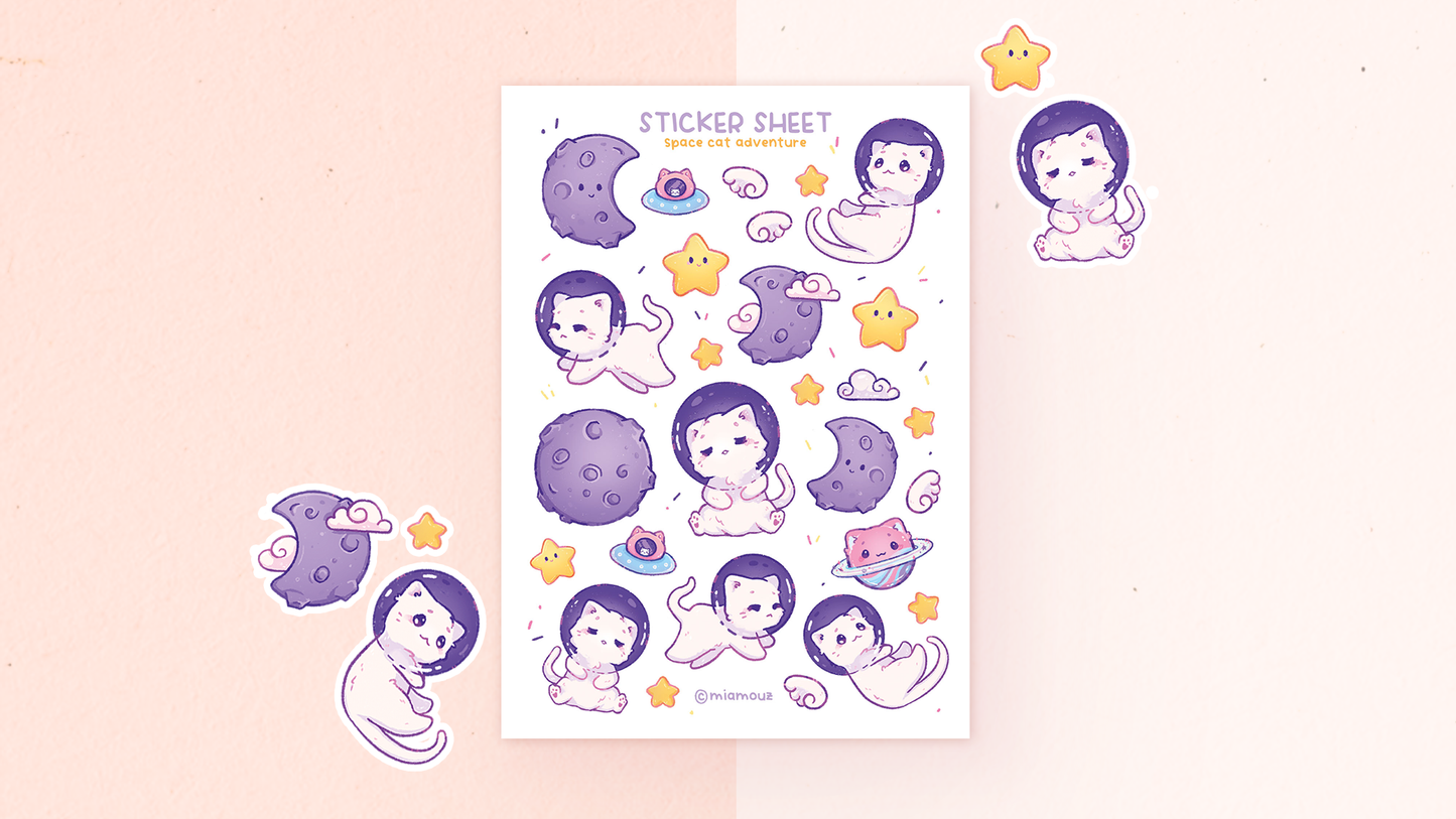 Space Cat Adventure Stickers | A6 Matte Sticker Sheet | Cat Sticker | Kitty Vinyl Sticker Sheet | Journaling | Children Illustration