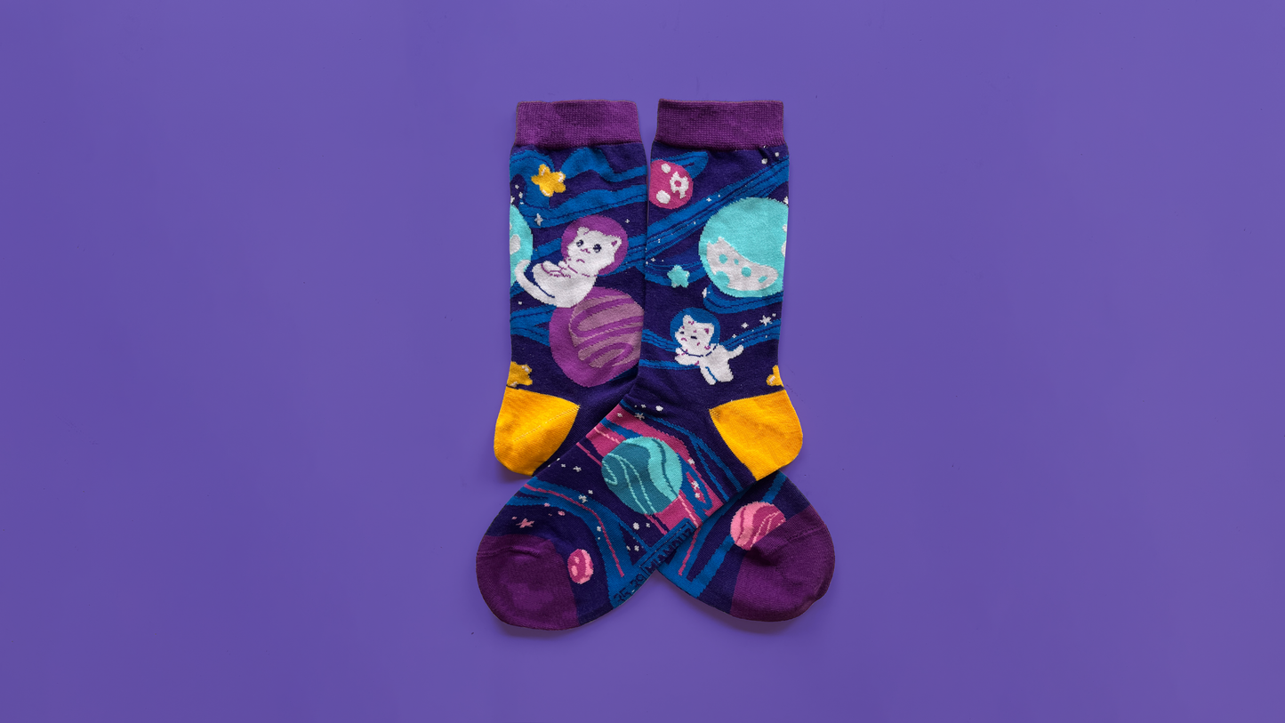 Colorful Space Cat Socks | Cute Funny Sock | Handmade by Artist | Kawaii Birthday Gift for Her | Christmas Present for Him | Sock Gift