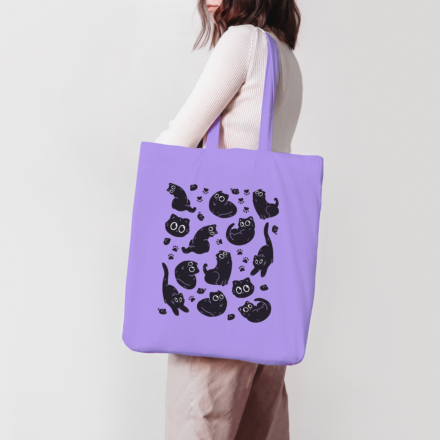 Samplesale Lila Leere Katze Tasche | Süße schwarze Katze Tragetasche 100% Baumwolle | Einkaufstasche | Jutetasche | Kunsthandtasche | Große Einkaufstasche | Für Katzenliebhaber | Miamouz