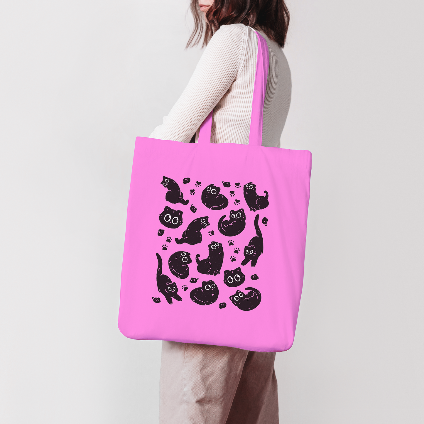 Samplesale Pink Void Cat Bag | Süße schwarze Katze Tragetasche aus 100% Baumwolle | Einkaufstasche | Jutetasche | Kunsthandtasche | Große Einkaufstasche | Für Katzenliebhaber | Miamouz (Kopie)