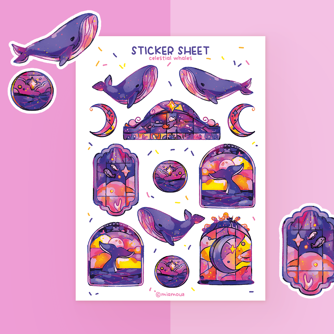 Celestial Whales | A6 Glossy Sticker Sheet | Whale Stickers | Stained Glass Planner Stickers | Stickersheet | Vinyl Sticker Sheet