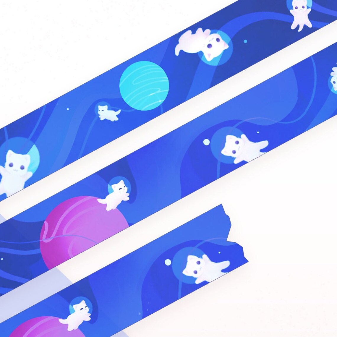 Blaues Washi-Tape „Katzen im Weltraum“ | Rolle 10 m x 15 mm | Künstler-Klebeband | Dekoratives Planerband | Kawaii-Kalender-Tagebuch-Briefpapier | Miamouz
