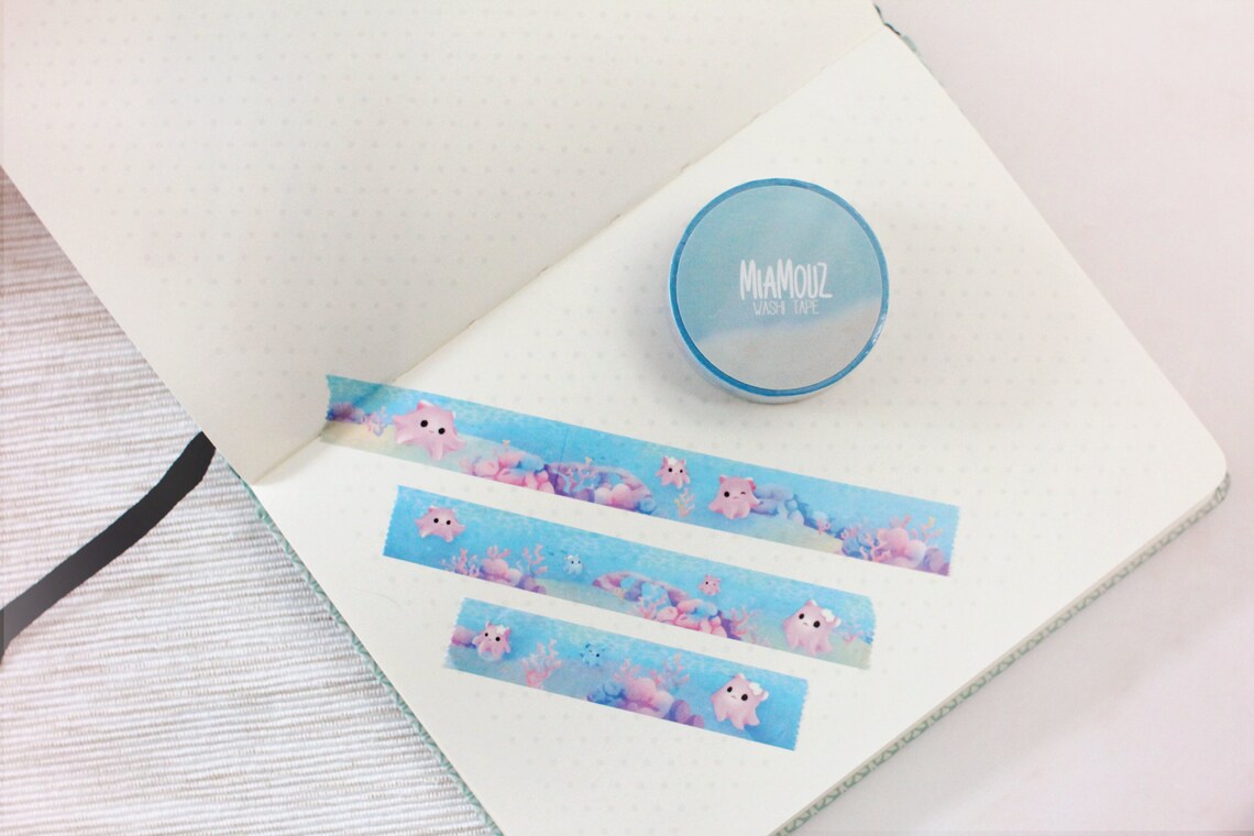 Dreamy Reef Dumbo Octopus | 10 m x 15 mm Rolle | Süßer Planer | Kunst-Masking-Tape | Dekoratives Planer-Tape | Kawaii Kalender Journal Briefpapier