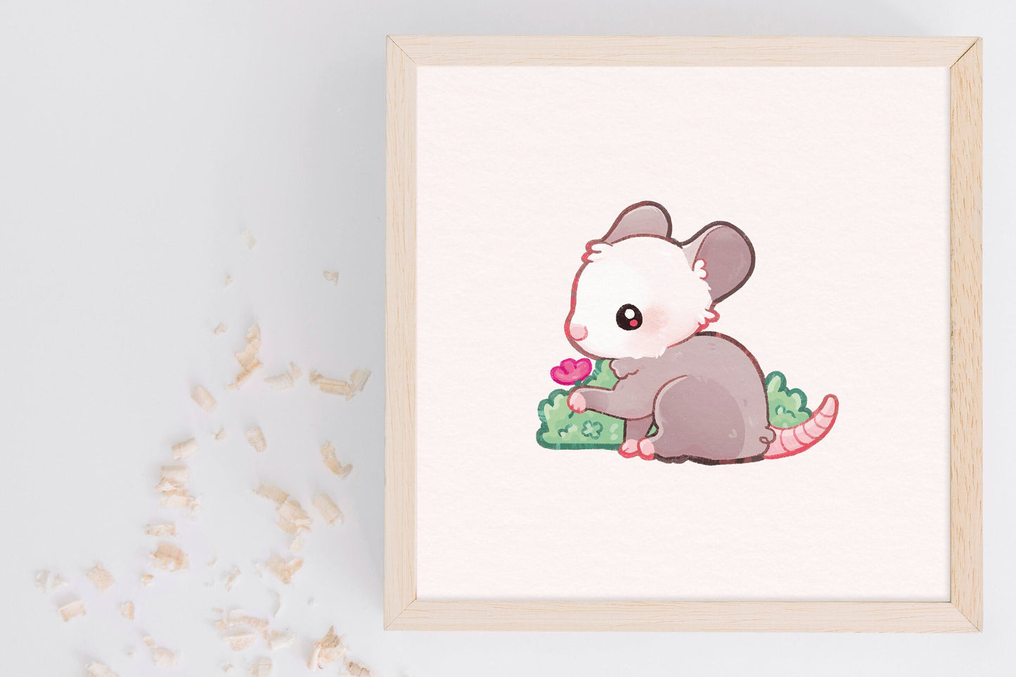 Opossum 15x15 Kunstdruck | Quadratischer Kunstdruck in Pastell | Kinderzimmerkunst | Hochwertiger Leinenkarton | Heimdeko | Wandkunst | Kunst von Miamouz