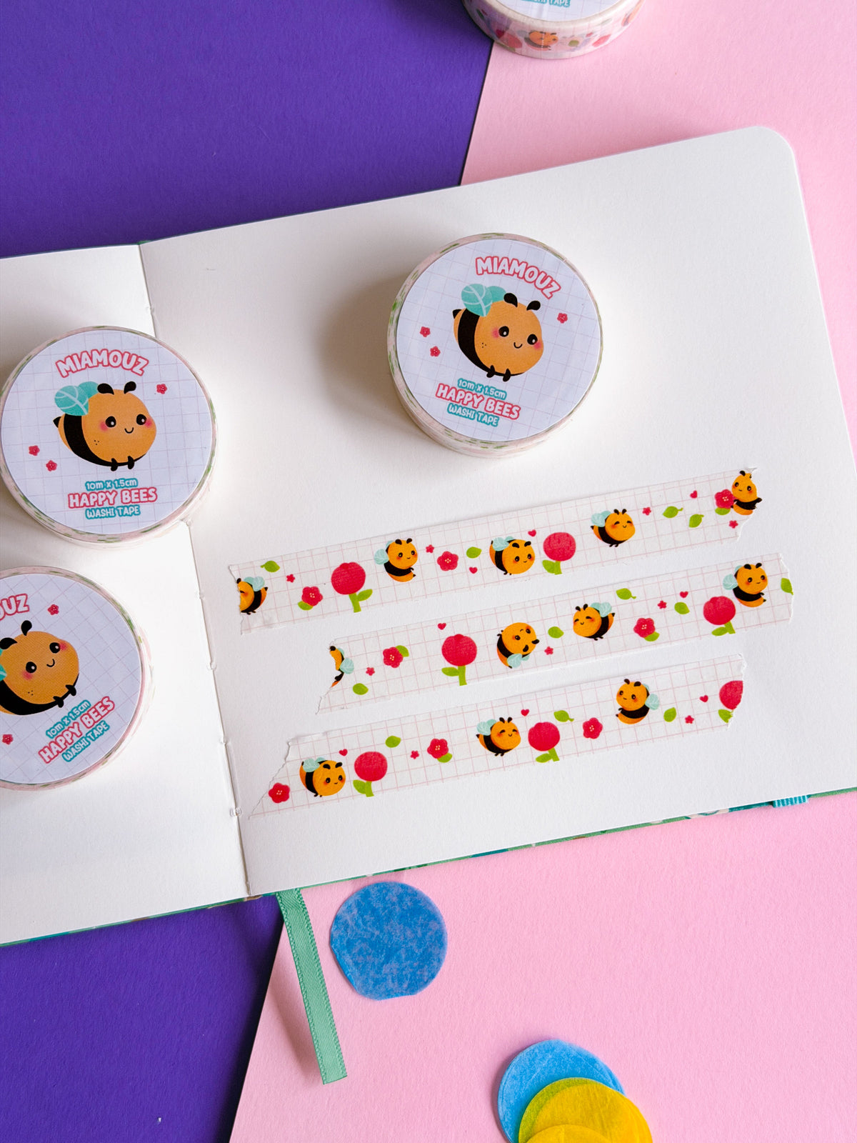 SAMPLE Bee Happy Cute Washi Tape | 10m x 15mm Roll | Artist Masking Tape | Decorative Planner Tape | Kawaii Calendar Journal Stationery | Miamouz