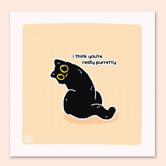 I Think You're Really Purretty 15x15 Art Print | Black Cat Pastel Square Art Print | Greeting Card | Linen Cardboard | Home Decor | Wall Art