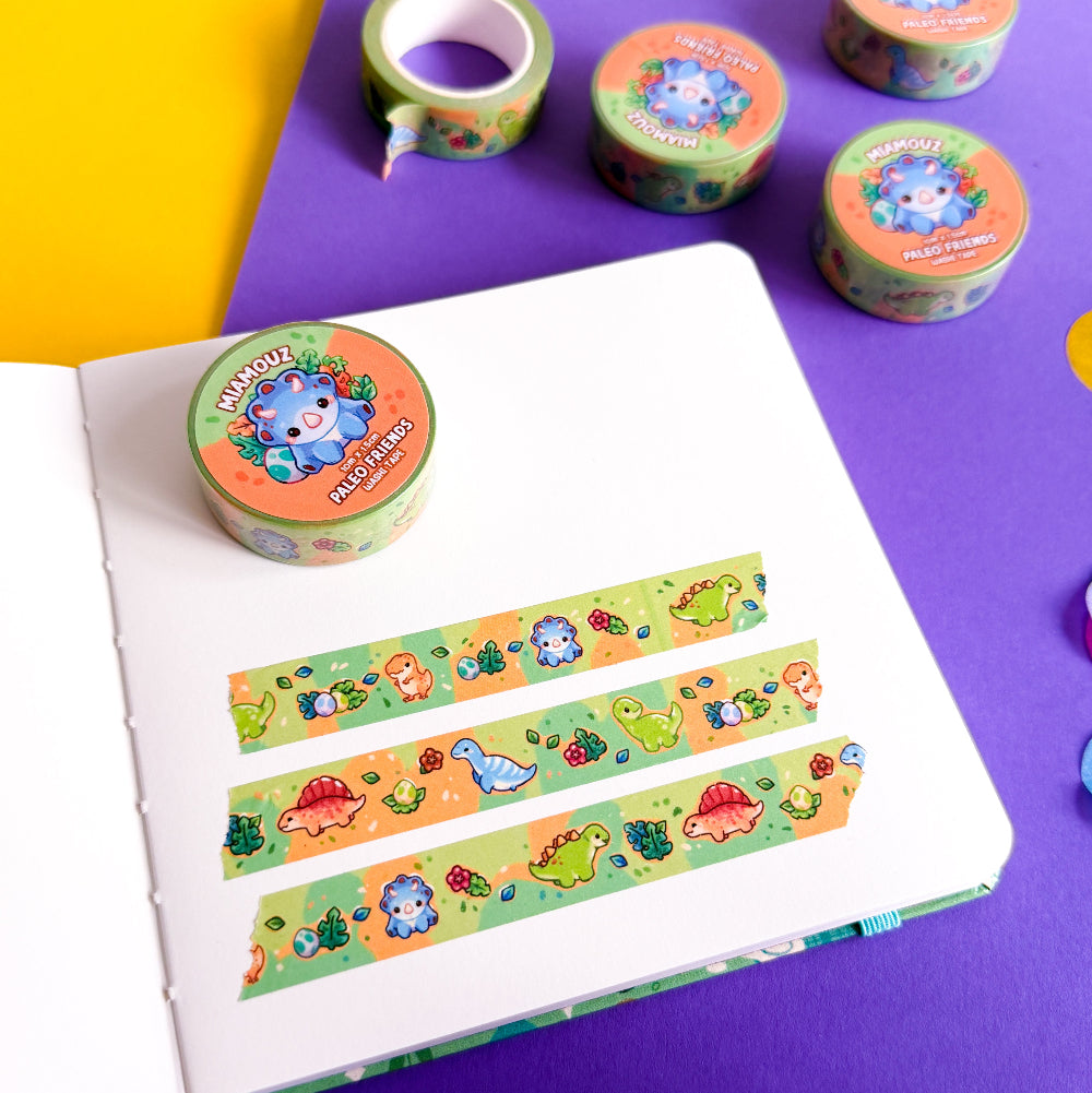 Paleo Pals Washi Tape | 10m x 15mm Roll | Artist Masking Tape | Decorative Planner Tape | Kawaii Calendar Journal Stationery