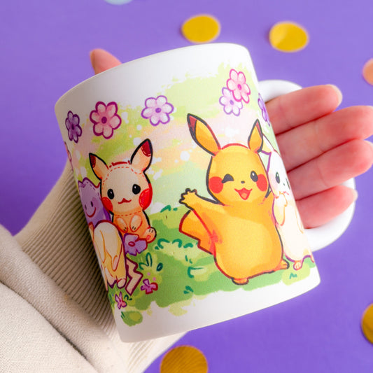 Island Friends Handprinted Mug | Yellwo & Green Kawaii Small Monsters Mugs | 330ml | Matte