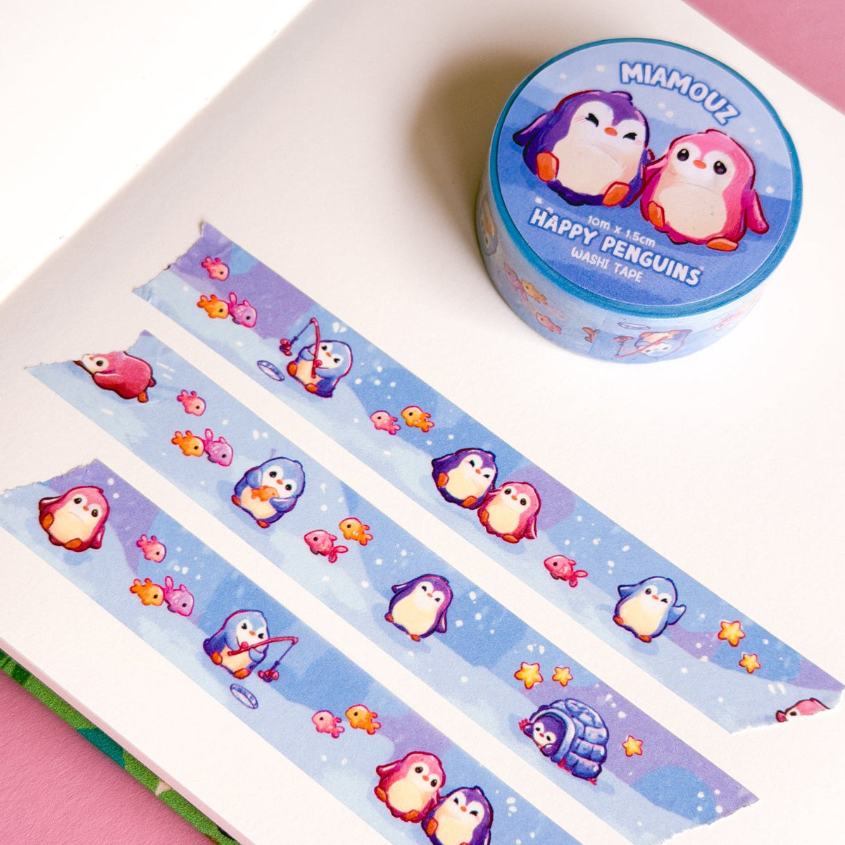 SAMPLE Happy Penguins Washi Tape | 10m x 15mm Roll | Artist Masking Tape | Decorative Planner Tape | Kawaii Calendar Journal Stationery