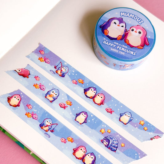SAMPLE Happy Penguins Washi Tape | 10m x 15mm Roll | Artist Masking Tape | Decorative Planner Tape | Kawaii Calendar Journal Stationery