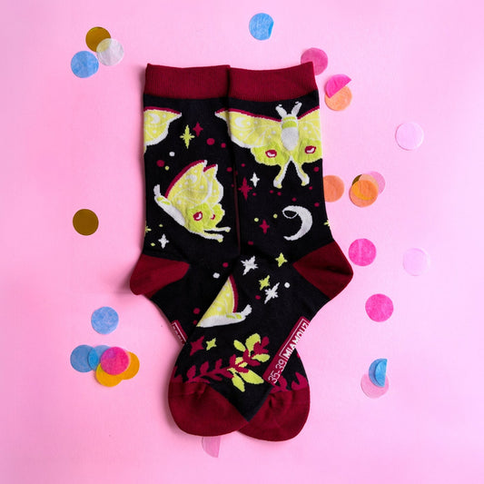 Luna Moth Socks | Colorful Cute Funny Insect Sock | Handmade by Artist | Kawaii Birthday Gift for Her | Christmas Present for Him