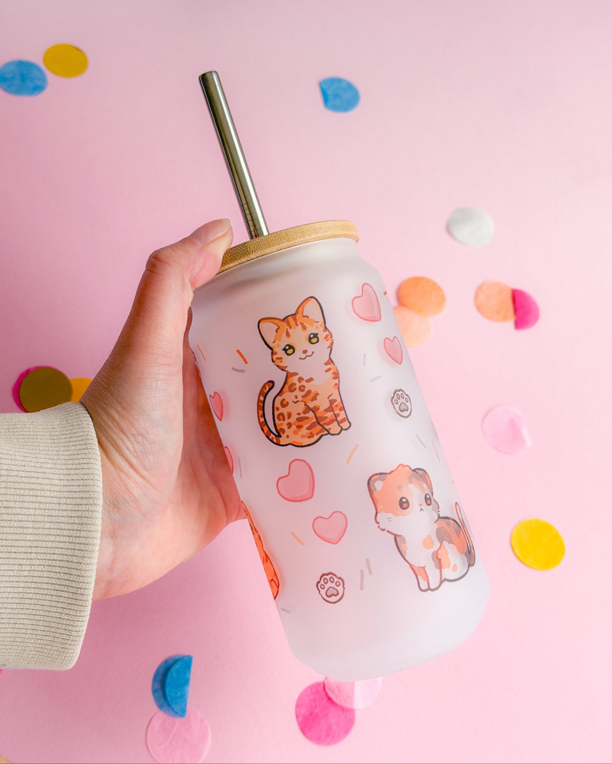 Cat Friends Handprinted Glass Tumbler | Kitty Mug | 520ml | Matte Frosted