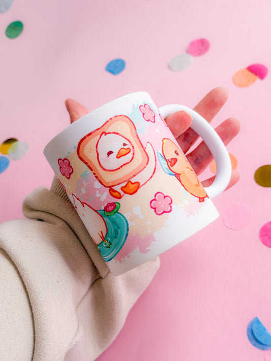 Ducks Handprinted Mug | Pink & Yellow Kawaii Duck Mugs | 330ml | Matte