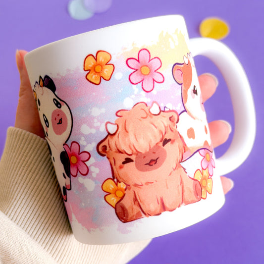 Cows Handprinted Mug | Pink & Yellow Kawaii Highland Cow Mugs | 330ml | Matte