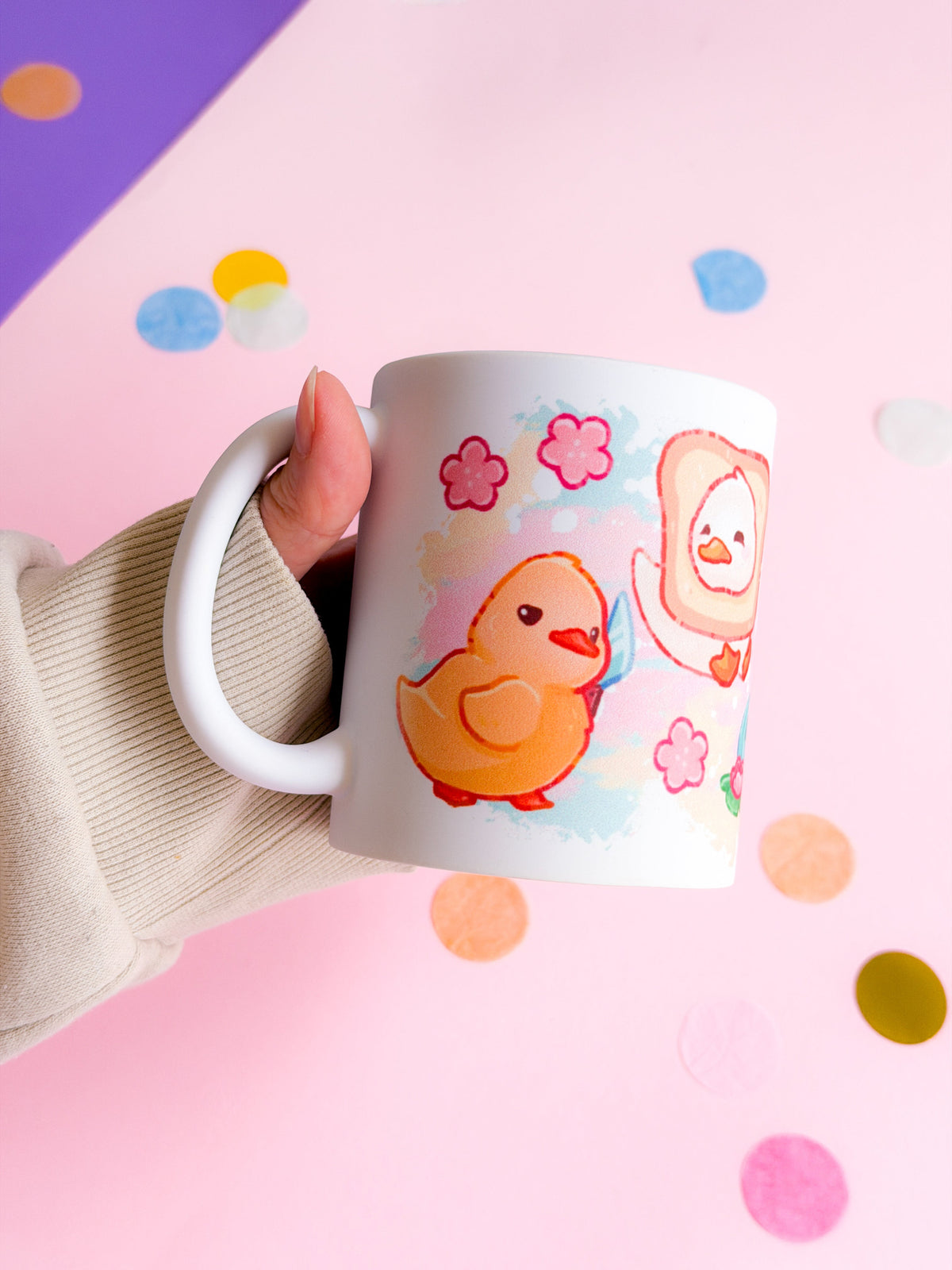 Ducks Handprinted Mug | Pink & Yellow Kawaii Duck Mugs | 330ml | Matte