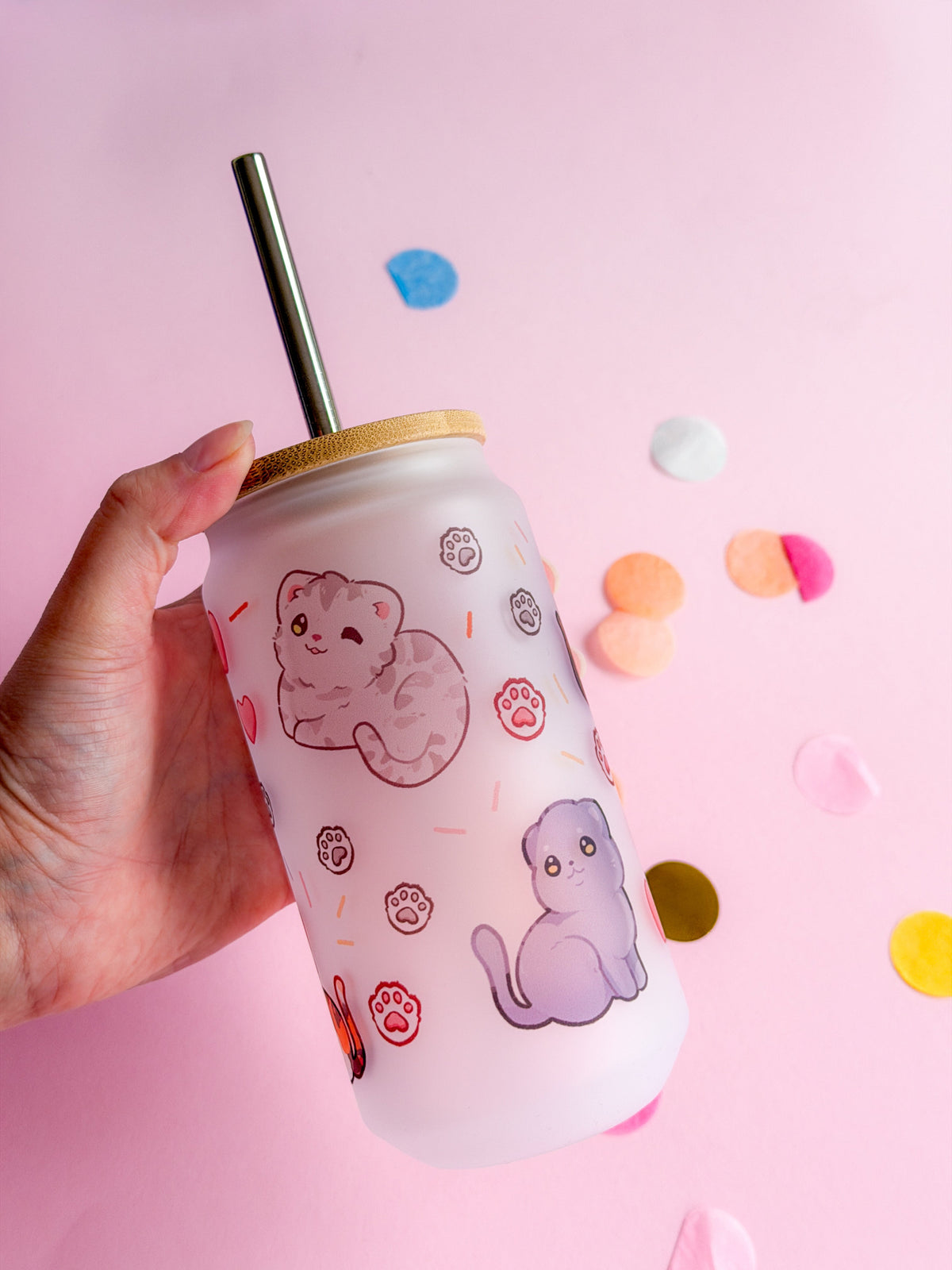 Cat Friends Handprinted Glass Tumbler | Kitty Mug | 520ml | Matte Frosted