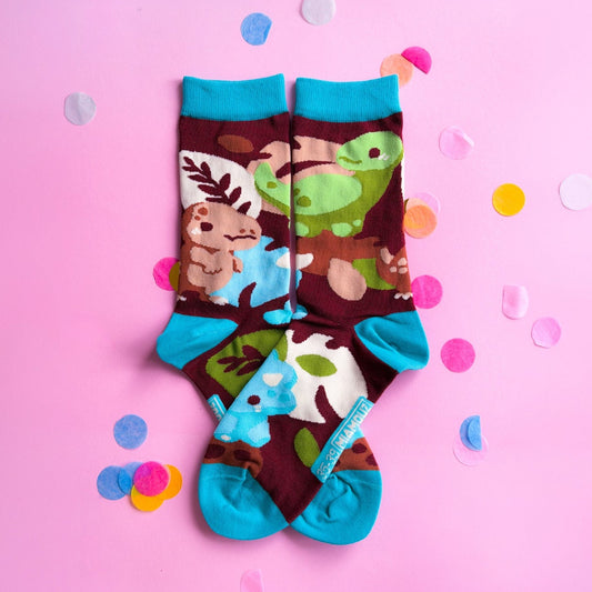 Delightful Dinosaurs Socks | Colorful Cute Funny Dino Sock | Handmade by Artist | Kawaii Birthday Gift for Her | Christmas Present for Him