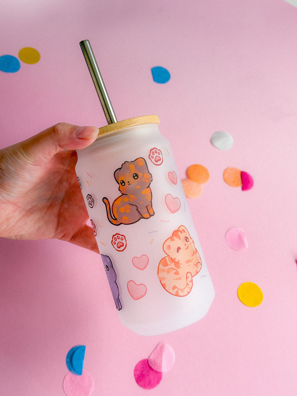 Cat Friends Handprinted Glass Tumbler | Kitty Mug | 520ml | Matte Frosted