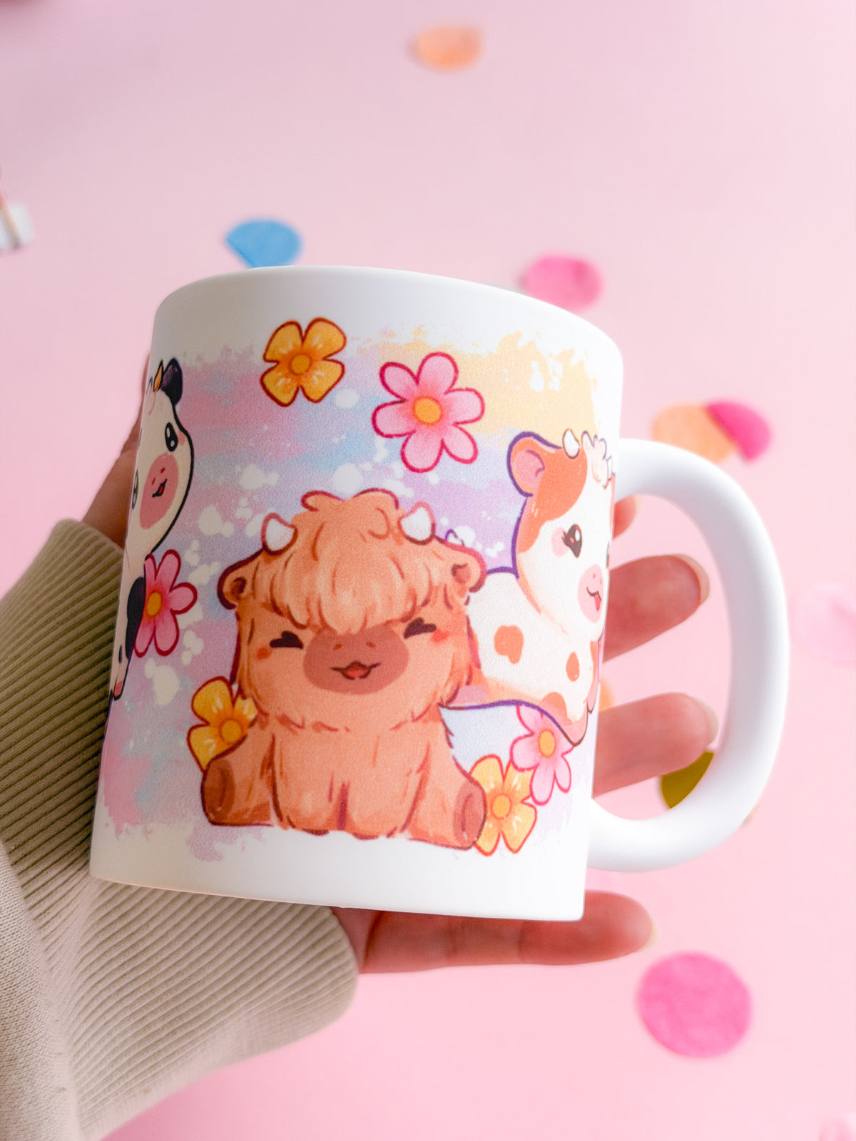 Cows Handprinted Mug | Pink & Yellow Kawaii Highland Cow Mugs | 330ml | Matte