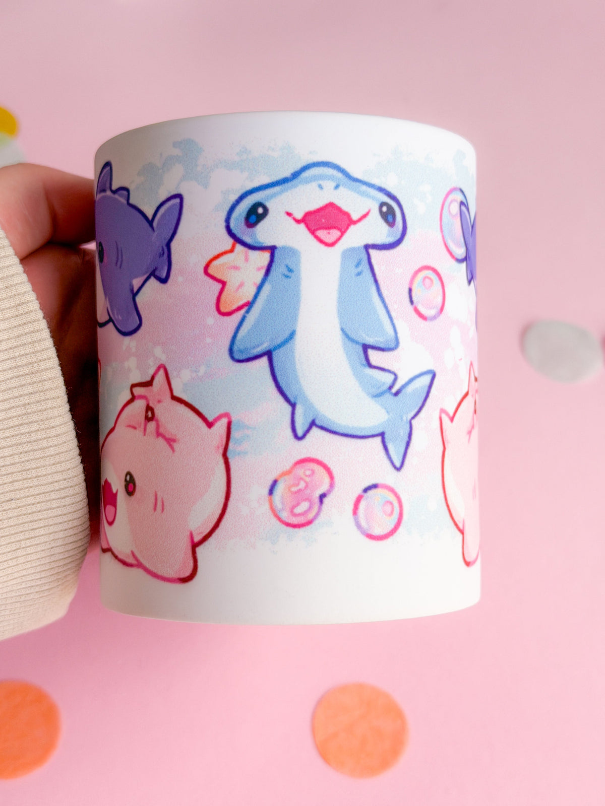 Sharks Handprinted Mug | Purple & Pink Kawaii Shark Mugs | 330ml | Matte