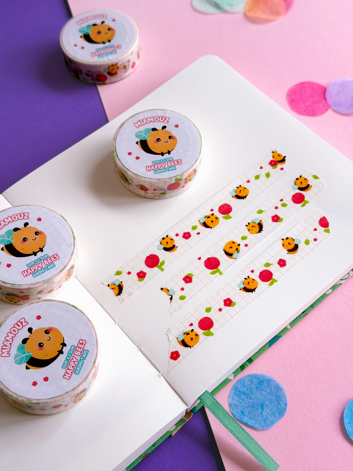 SAMPLE Bee Happy Cute Washi Tape | 10m x 15mm Roll | Artist Masking Tape | Decorative Planner Tape | Kawaii Calendar Journal Stationery | Miamouz