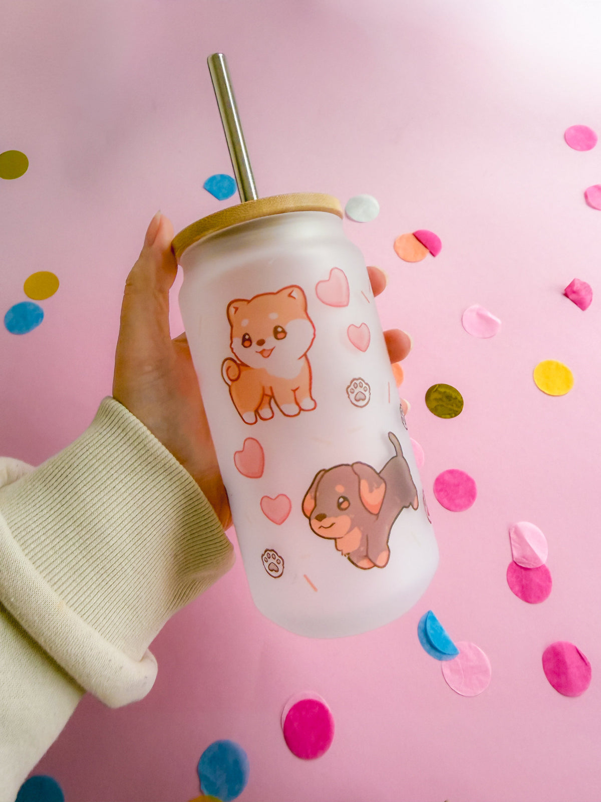 Dog Friends Handprinted Glass Tumbler | Dog Glass Mug | 520ml | Matte Frosted