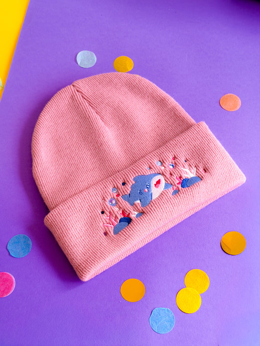Happy Shark Winter Hat | Powder Pink Warm Beanie | Kawaii Aesthetic Birthday Gift for Her | Christmas Present for Him | Miamouz