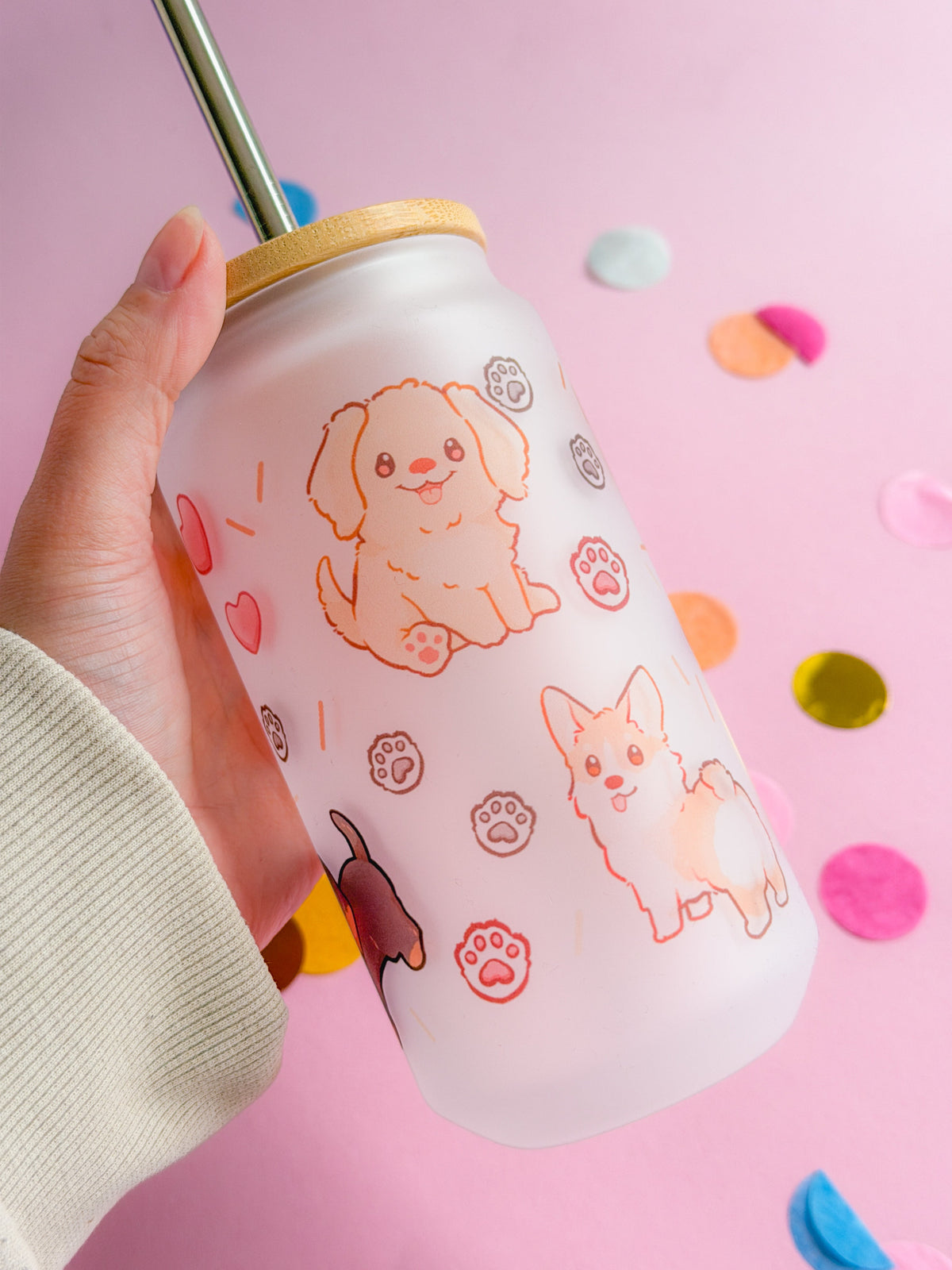 Dog Friends Handprinted Glass Tumbler | Dog Glass Mug | 520ml | Matte Frosted