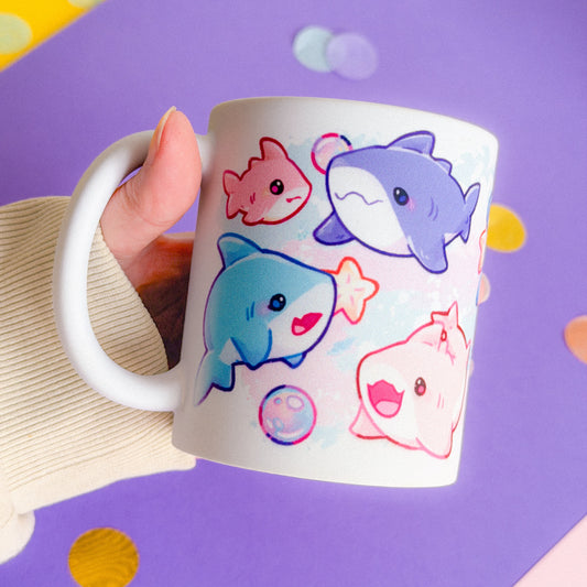 Sharks Handprinted Mug | Purple & Pink Kawaii Shark Mugs | 330ml | Matte