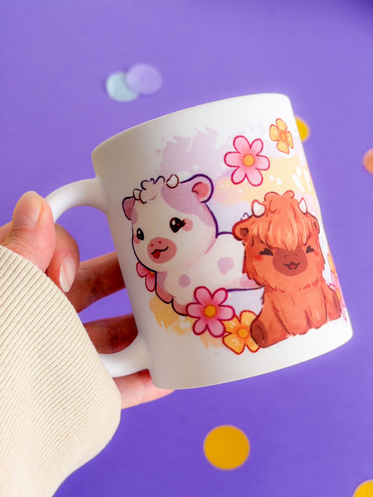Cows Handprinted Mug | Pink & Yellow Kawaii Highland Cow Mugs | 330ml | Matte