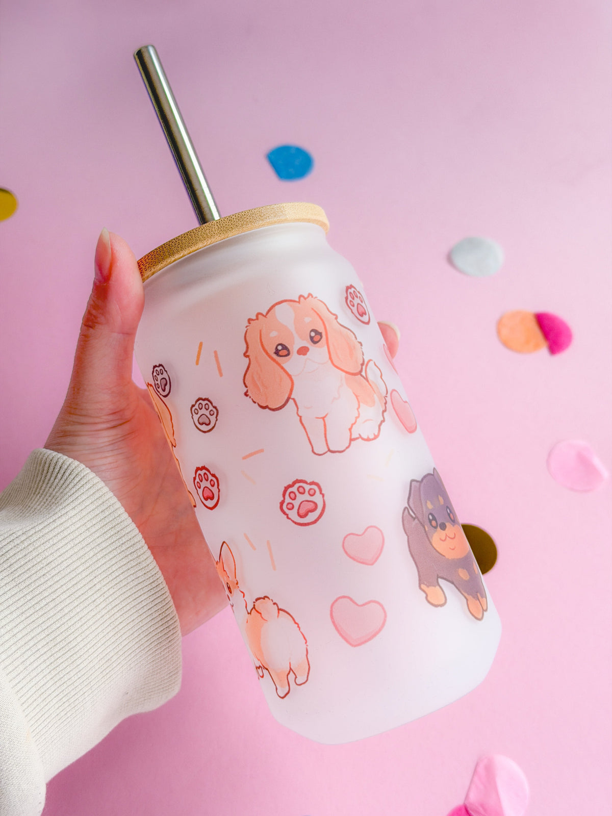 Dog Friends Handprinted Glass Tumbler | Dog Glass Mug | 520ml | Matte Frosted