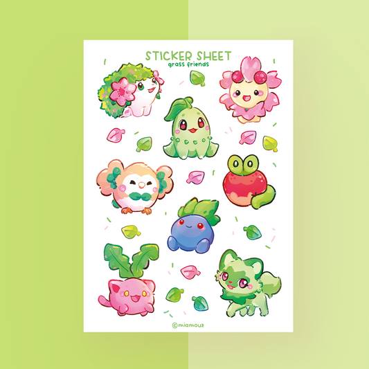 Grass Friends Sticker Sheet | A6 Glossy Sticker Sheet | Little Monsters Stickers | Inspired Art Planner Stickers | Plants Stickersheet | Vinyl Sticker Sheet