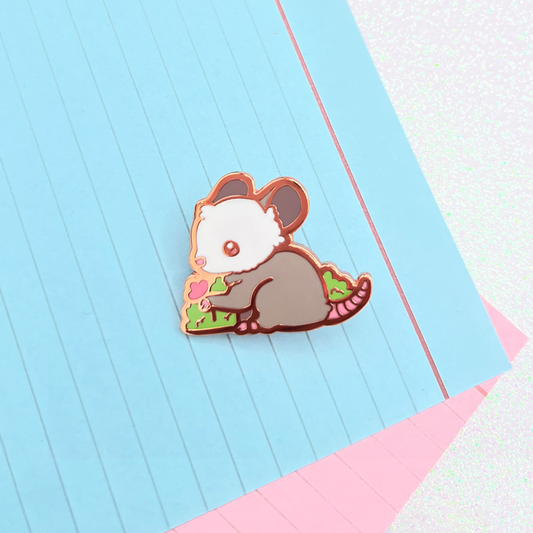 Opossum & Flower Enamel Pin | Animal Hard Enamel Pin | Pin Collection | Kawaii Aesthetic Birthday Gift | Christmas Present | Miamouz